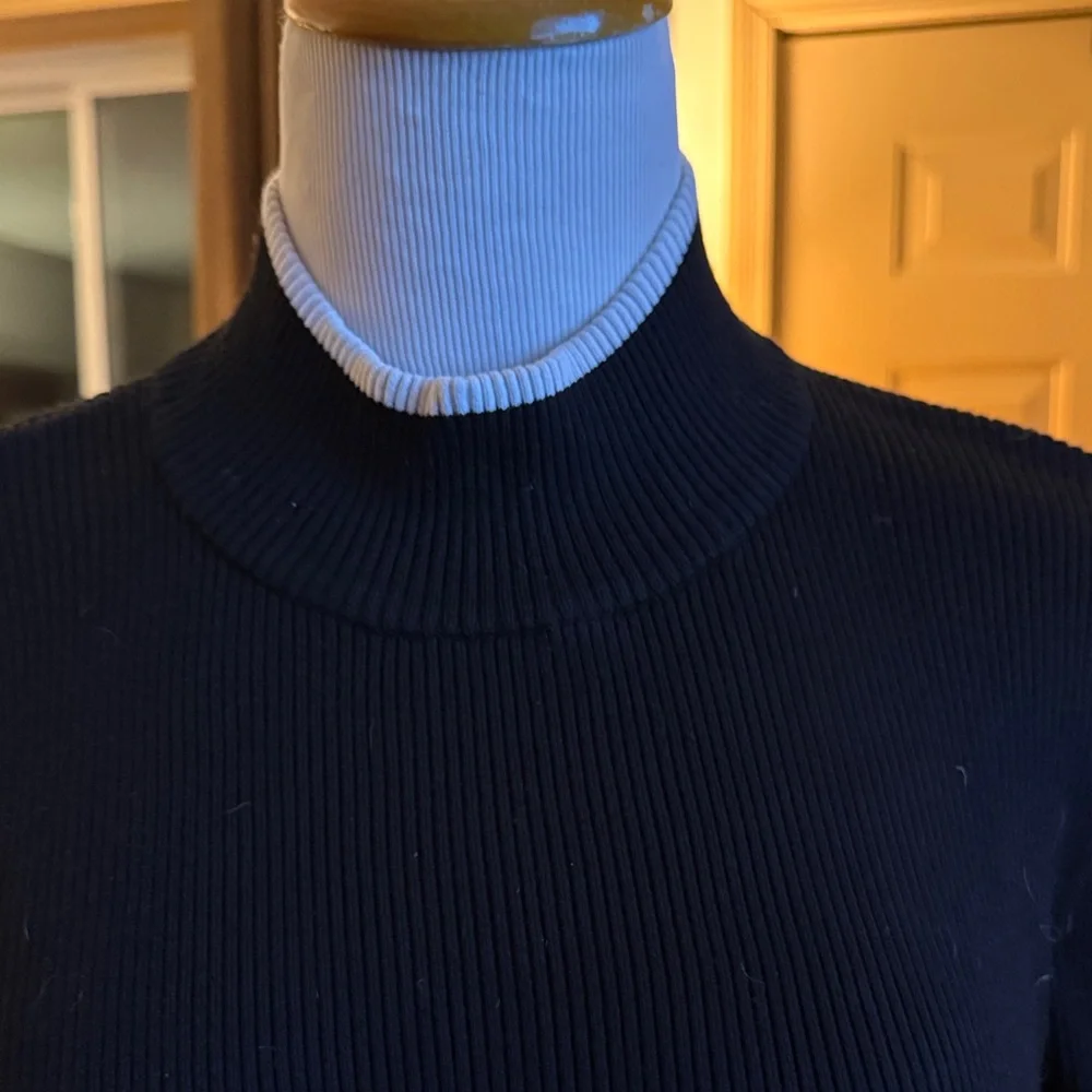 Calvin Klein Black Turtleneck Sweater white ruffle trim at neck cuffs bottom XL - Picture 3 of 8